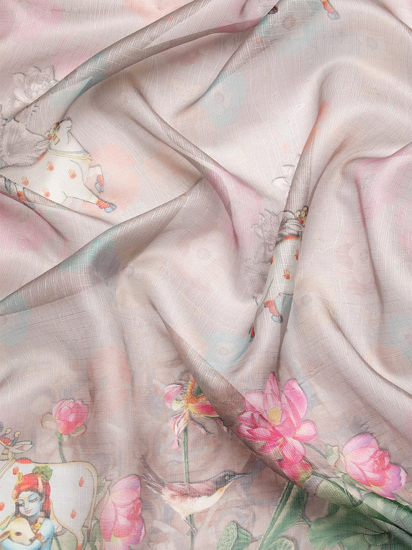 Gray Munga Silk Digital Print Kalamkari Saree with Unstitched Blouse - Hiral Fashion - Distacart