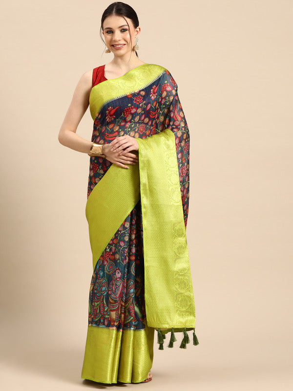 Navy Blue Munga Silk Digital Print Kalamkari Saree with Unstitched Blouse - Hiral Fashion - Distacart