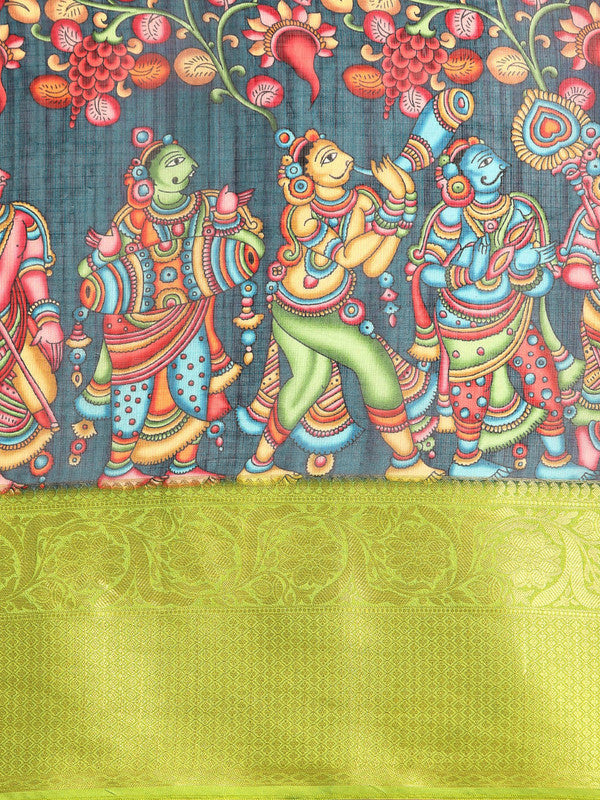 Navy Blue Munga Silk Digital Print Kalamkari Saree with Unstitched Blouse - Hiral Fashion - Distacart