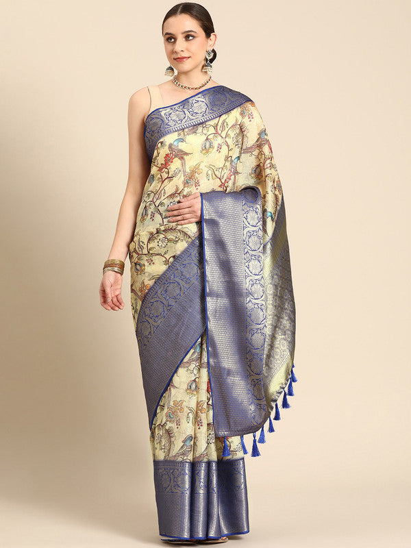 Beige Munga Silk Digital Print Kalamkari Saree with Unstitched Blouse - Hiral Fashion - Distacart