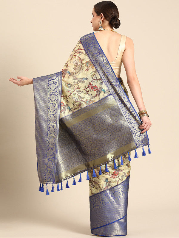 Beige Munga Silk Digital Print Kalamkari Saree with Unstitched Blouse - Hiral Fashion - Distacart