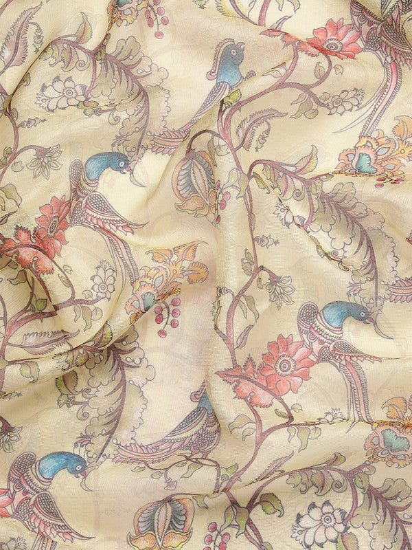 Beige Munga Silk Digital Print Kalamkari Saree with Unstitched Blouse - Hiral Fashion - Distacart