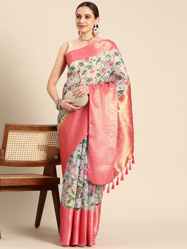 Beige Munga Silk Digital Print Kalamkari Saree with Unstitched Blouse - Hiral Fashion - Distacart