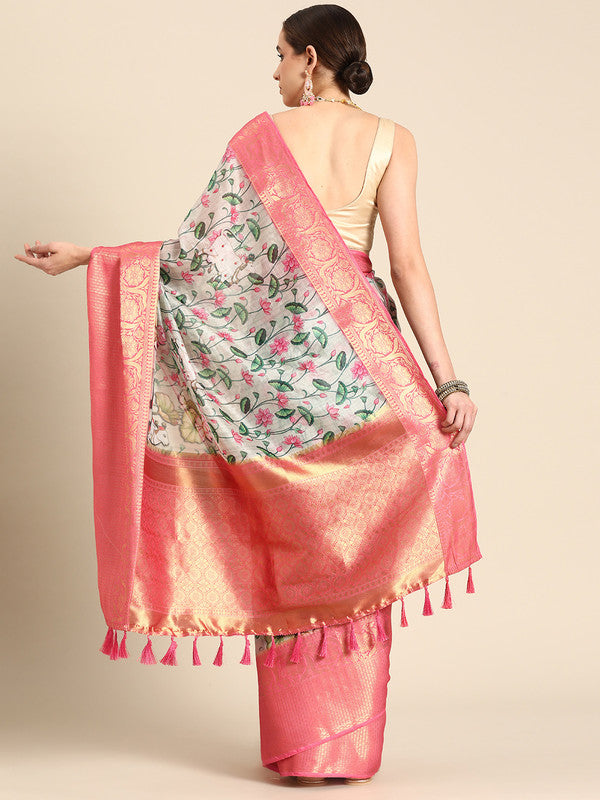 Beige Munga Silk Digital Print Kalamkari Saree with Unstitched Blouse - Hiral Fashion - Distacart