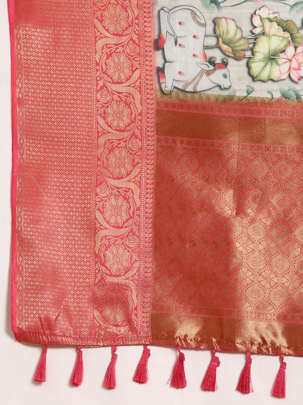 Beige Munga Silk Digital Print Kalamkari Saree with Unstitched Blouse - Hiral Fashion - Distacart