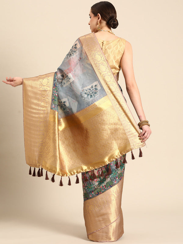 Gray Munga Silk Digital Print Kalamkari Saree with Unstitched Blouse - Hiral Fashion - Distacart