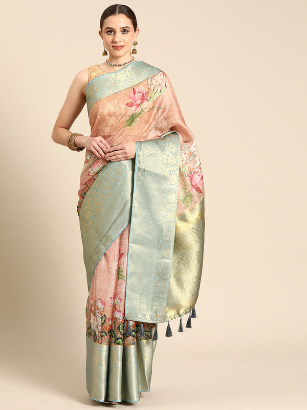 Peach Munga Silk Digital Print Animal Print Saree with Unstitched Blouse - Hiral Fashion - Distacart