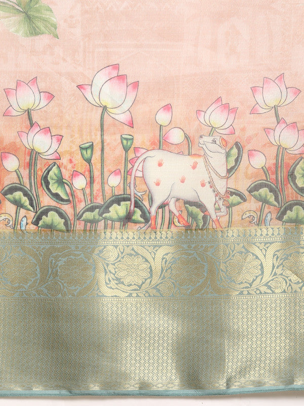 Peach Munga Silk Digital Print Animal Print Saree with Unstitched Blouse - Hiral Fashion - Distacart