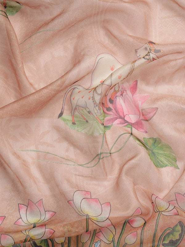 Peach Munga Silk Digital Print Animal Print Saree with Unstitched Blouse - Hiral Fashion - Distacart