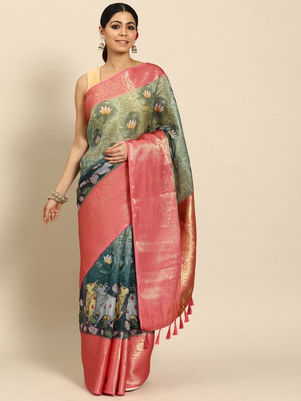Green Munga Silk Digital Print Animal Print Saree with Unstitched Blouse - Hiral Fashion - Distacart