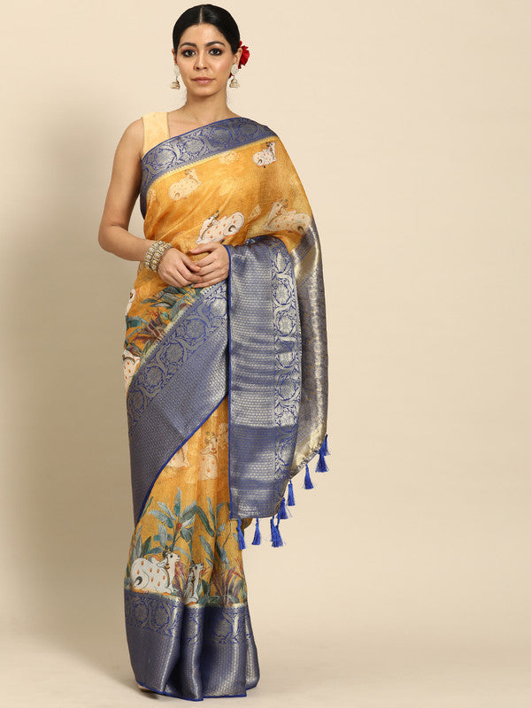 Mustard Munga Silk Digital Print Animal Print Saree with Unstitched Blouse - Hiral Fashion - Distacart