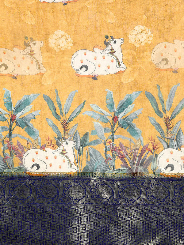 Mustard Munga Silk Digital Print Animal Print Saree with Unstitched Blouse - Hiral Fashion - Distacart