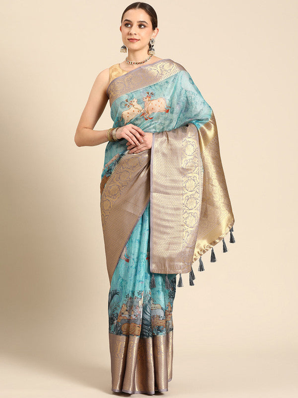 Turquoise Munga Silk Digital Print Animal Print Saree with Unstitched Blouse - Hiral Fashion - Distacart