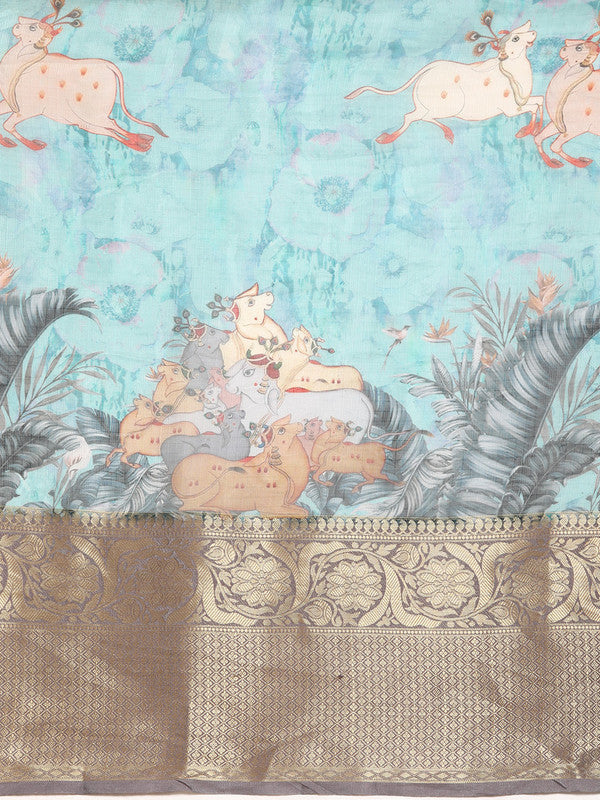 Turquoise Munga Silk Digital Print Animal Print Saree with Unstitched Blouse - Hiral Fashion - Distacart