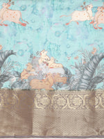 Thumbnail for Turquoise Munga Silk Digital Print Animal Print Saree with Unstitched Blouse - Hiral Fashion - Distacart