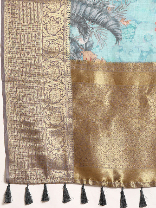 Turquoise Munga Silk Digital Print Animal Print Saree with Unstitched Blouse - Hiral Fashion - Distacart