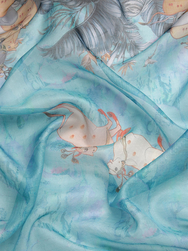 Turquoise Munga Silk Digital Print Animal Print Saree with Unstitched Blouse - Hiral Fashion - Distacart