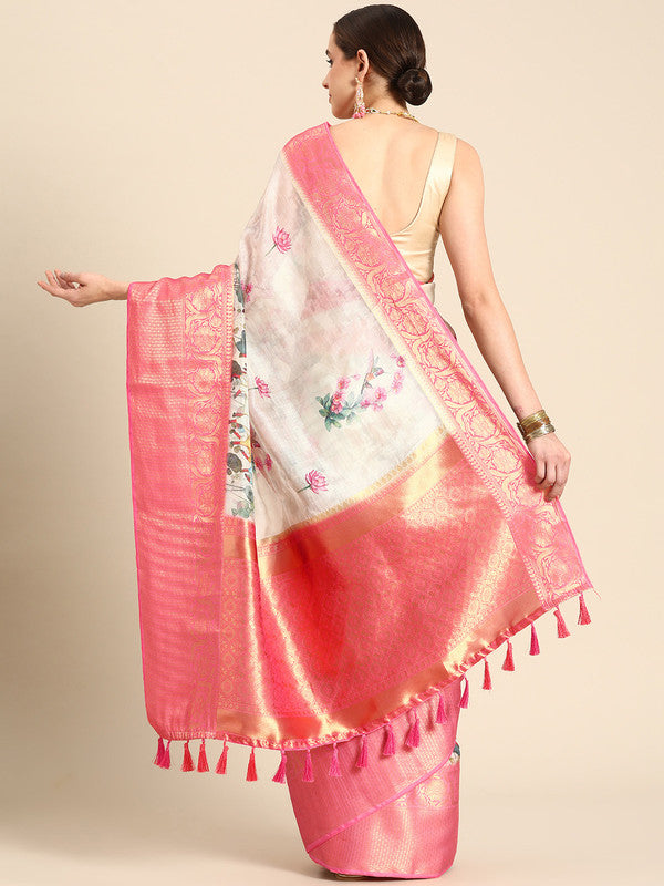 Off White Munga Silk Digital Print Animal Print Saree with Unstitched Blouse - Hiral Fashion - Distacart
