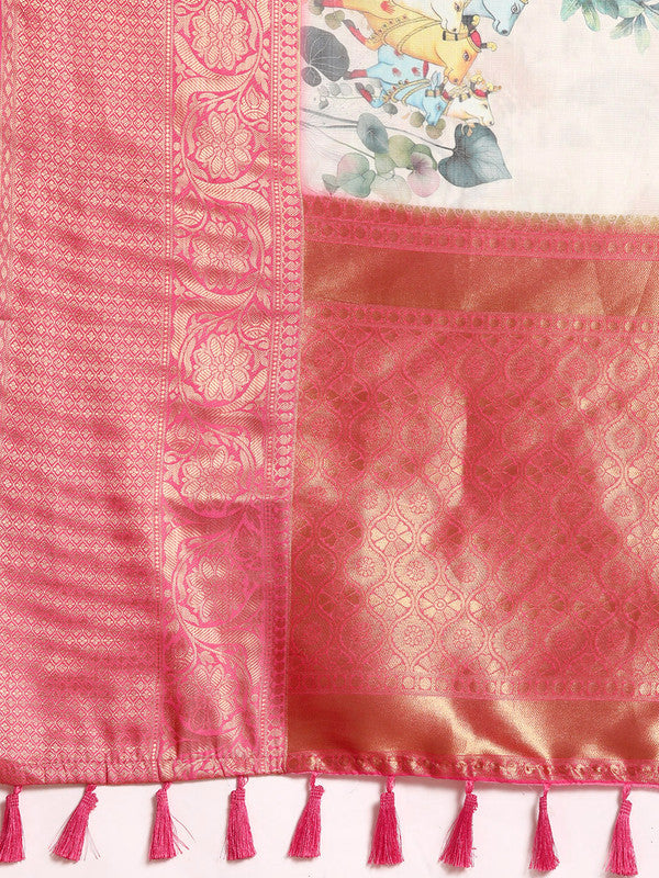 Off White Munga Silk Digital Print Animal Print Saree with Unstitched Blouse - Hiral Fashion - Distacart