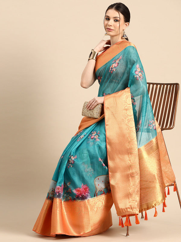 Turquoise Munga Silk Digital Print Animal Print Saree with Unstitched Blouse - Hiral Fashion - Distacart