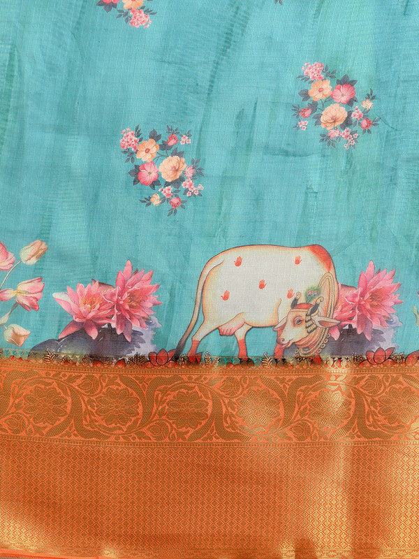 Turquoise Munga Silk Digital Print Animal Print Saree with Unstitched Blouse - Hiral Fashion - Distacart