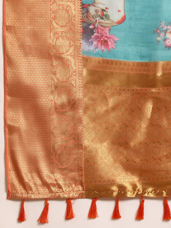 Turquoise Munga Silk Digital Print Animal Print Saree with Unstitched Blouse - Hiral Fashion - Distacart