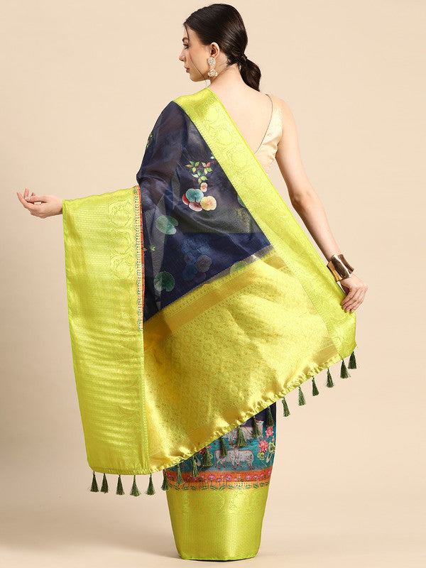 Navy Blue Munga Silk Digital Print Animal Print Saree with Unstitched Blouse - Hiral Fashion - Distacart