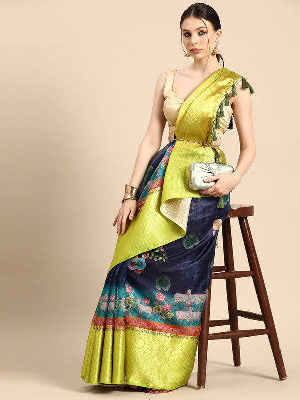 Navy Blue Munga Silk Digital Print Animal Print Saree with Unstitched Blouse - Hiral Fashion - Distacart