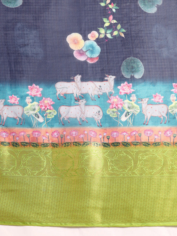 Navy Blue Munga Silk Digital Print Animal Print Saree with Unstitched Blouse - Hiral Fashion - Distacart