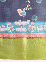 Thumbnail for Navy Blue Munga Silk Digital Print Animal Print Saree with Unstitched Blouse - Hiral Fashion - Distacart