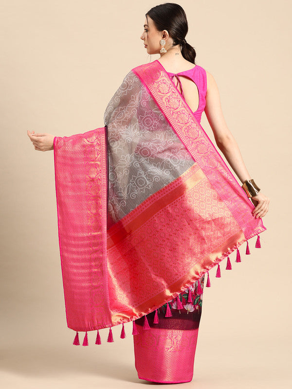 Gray Munga Silk Digital Print Bandhani Saree with Unstitched Blouse - Hiral Fashion - Distacart