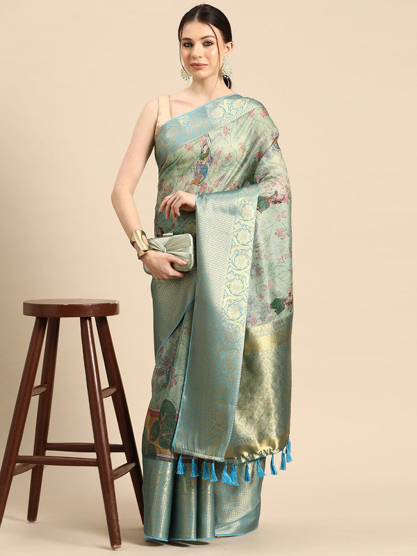 Green Munga Silk Digital Print Animal Print Saree with Unstitched Blouse - Hiral Fashion - Distacart