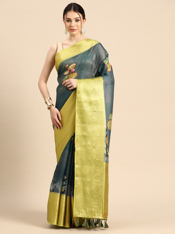 Dark Blue Munga Silk Digital Print Floral Saree with Unstitched Blouse - Hiral Fashion - Distacart