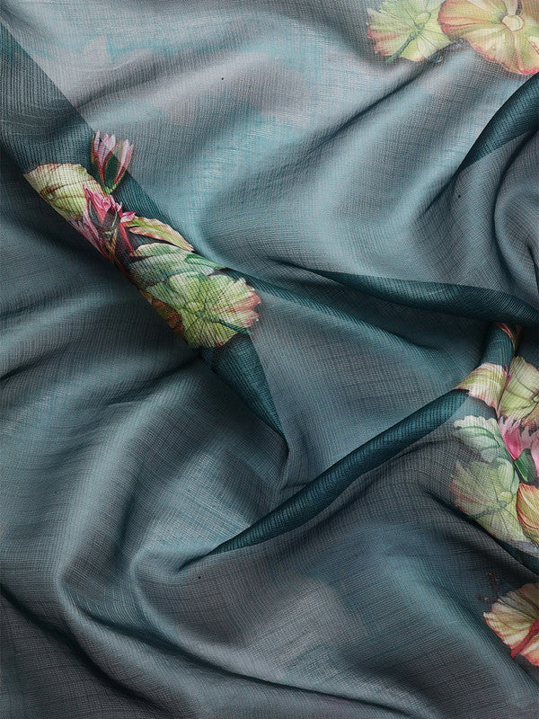 Dark Blue Munga Silk Digital Print Floral Saree with Unstitched Blouse - Hiral Fashion - Distacart