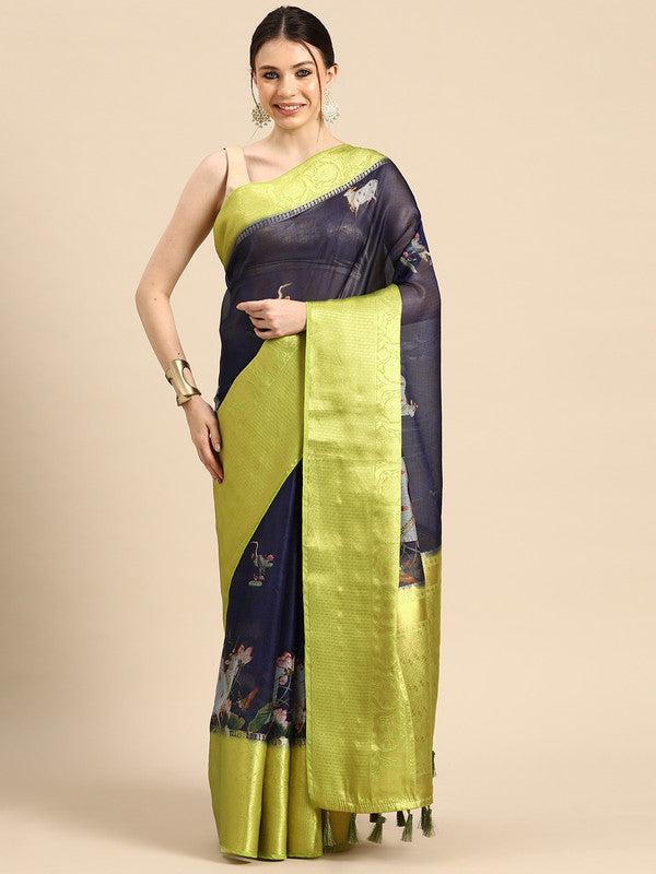 Navy Blue Munga Silk Digital Print Animal Print Saree with Unstitched Blouse - Hiral Fashion - Distacart