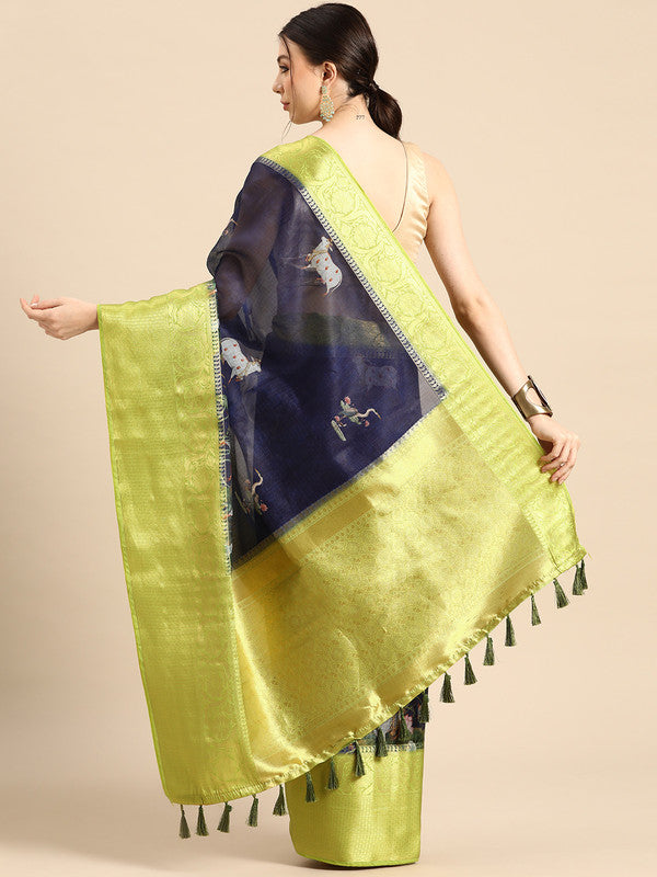 Navy Blue Munga Silk Digital Print Animal Print Saree with Unstitched Blouse - Hiral Fashion - Distacart