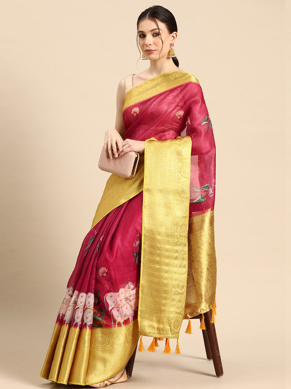 Red Munga Silk Digital Print Animal Print Saree with Unstitched Blouse - Hiral Fashion - Distacart