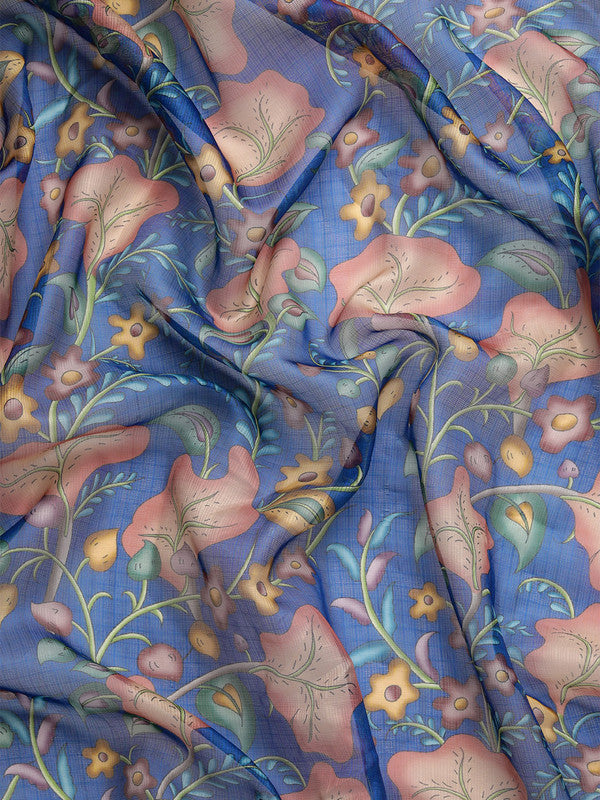 Dark Blue Munga Silk Digital Print Floral Saree with Unstitched Blouse - Hiral Fashion - Distacart