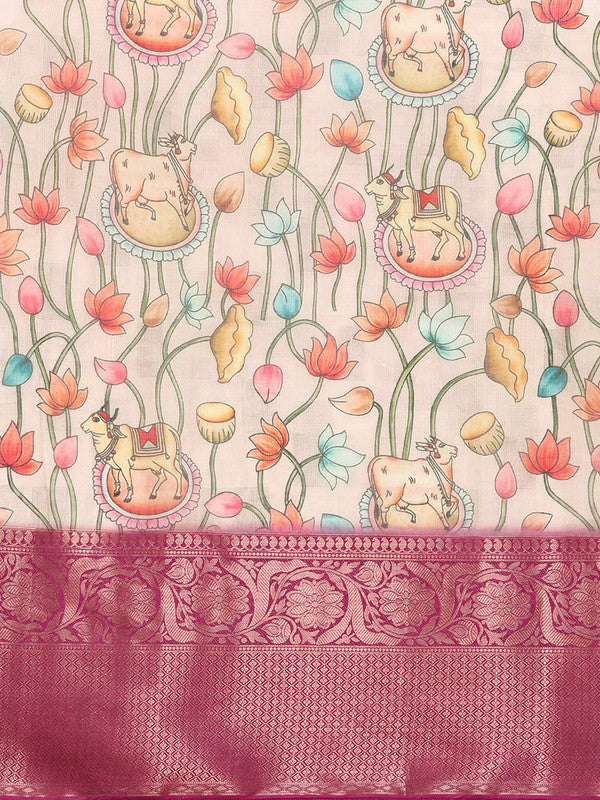 Beige Munga Silk Digital Print Animal Print Saree with Unstitched Blouse - Hiral Fashion - Distacart