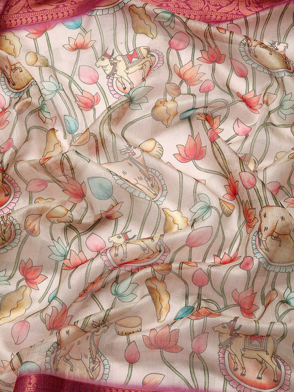 Beige Munga Silk Digital Print Animal Print Saree with Unstitched Blouse - Hiral Fashion - Distacart