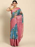 Thumbnail for Turquoise Munga Silk Digital Print Floral Saree with Unstitched Blouse - Hiral Fashion - Distacart