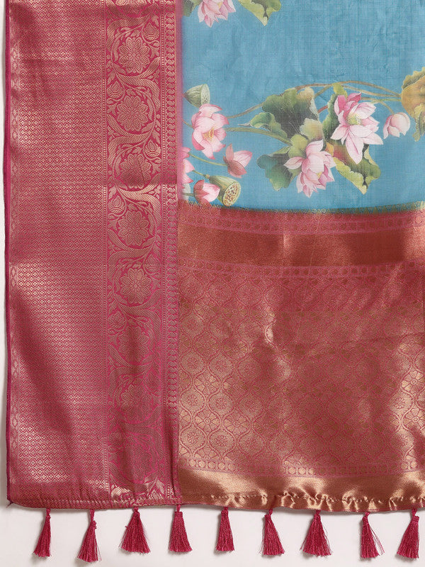 Turquoise Munga Silk Digital Print Floral Saree with Unstitched Blouse - Hiral Fashion - Distacart