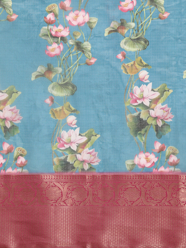 Turquoise Munga Silk Digital Print Floral Saree with Unstitched Blouse - Hiral Fashion - Distacart