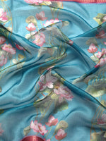 Thumbnail for Turquoise Munga Silk Digital Print Floral Saree with Unstitched Blouse - Hiral Fashion - Distacart