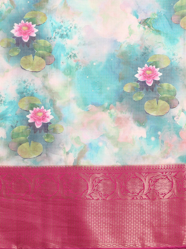 Multicolor Munga Silk Digital Print Floral Saree with Unstitched Blouse - Hiral Fashion - Distacart