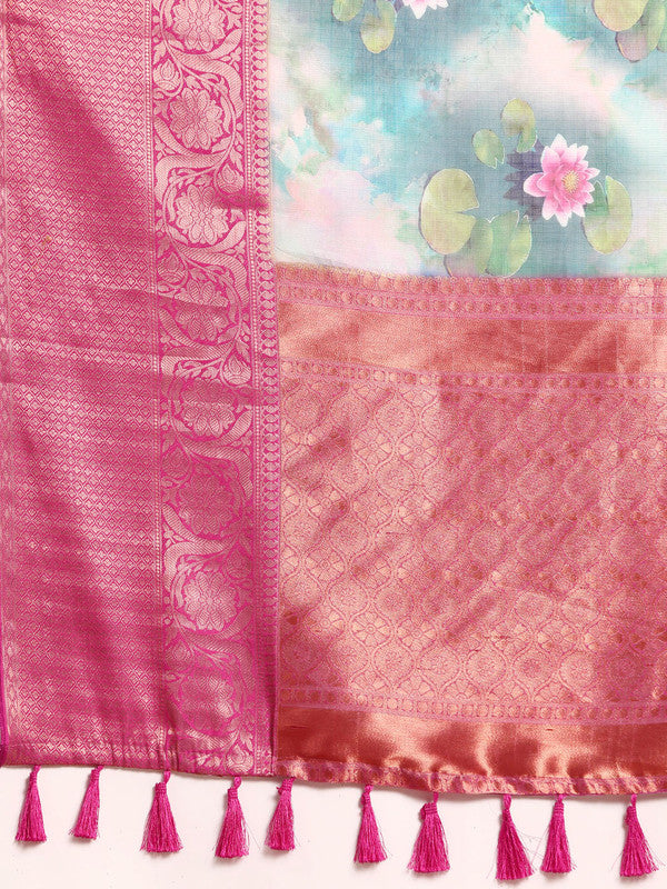 Multicolor Munga Silk Digital Print Floral Saree with Unstitched Blouse - Hiral Fashion - Distacart