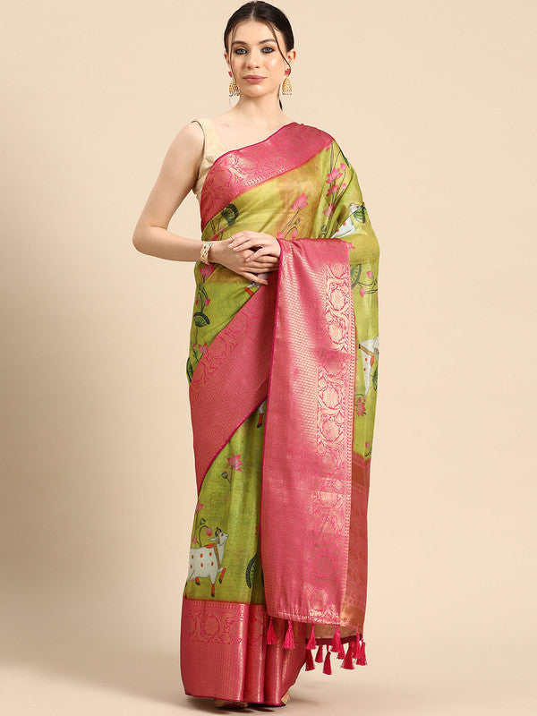 Olive Munga Silk Digital Print Animal Print Saree with Unstitched Blouse - Hiral Fashion - Distacart