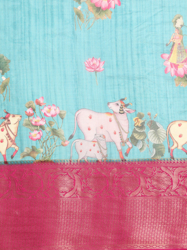 Turquoise Munga Silk Digital Print Animal Print Saree with Unstitched Blouse - Hiral Fashion - Distacart