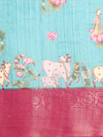 Thumbnail for Turquoise Munga Silk Digital Print Animal Print Saree with Unstitched Blouse - Hiral Fashion - Distacart