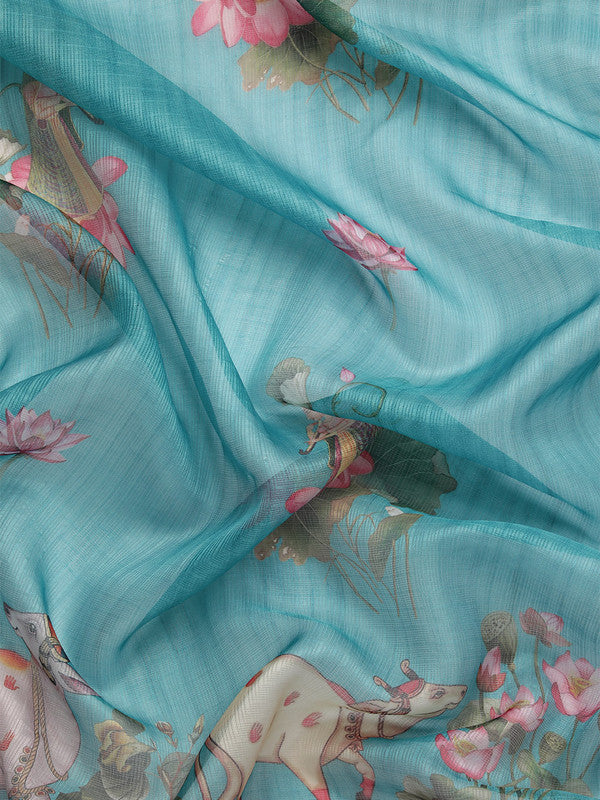 Turquoise Munga Silk Digital Print Animal Print Saree with Unstitched Blouse - Hiral Fashion - Distacart